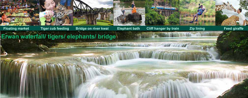 Erwan waterfall Floating Market Tigers Safari Park Elephants Bridge on the River Kwai